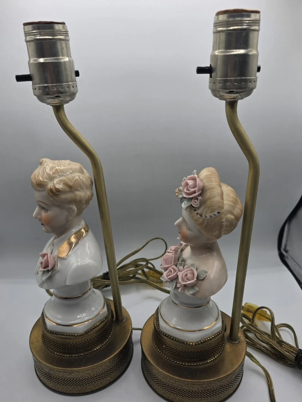 Vintage Porcelain Figural Bust Lamps with Pink Rose Accents